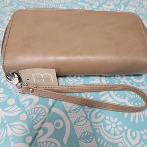 Tan/Beige suede double zipper wallet from Maurices